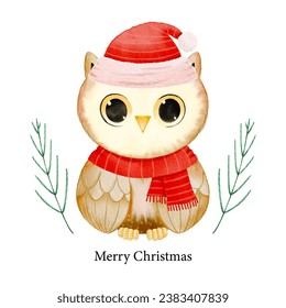 Merry Christmas with watercolor cute owl wearing Santa hat on white background vector