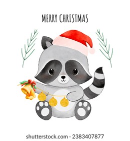 Merry Christmas with watercolor cute raccoon wearing Santa hat on white background vector