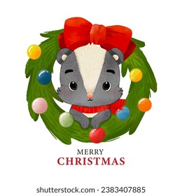 Merry Christmas with watercolor cute skunk sitting in Christmas wreath vector