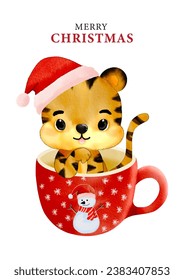 Merry Christmas with watercolor cute tiger wearing Santa hat and sitting in red coffee cup vector