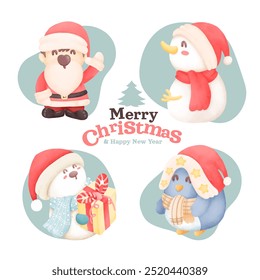 Elementos de aquarela de Natal feliz no festival de Natal. Ilustração vetorial.