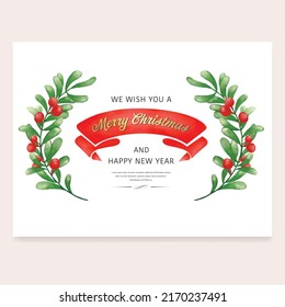 Merry Christmas watercolor with green fir branches. Watercolor illustration invitations isolated on white background.