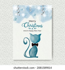 Merry Christmas Watercolor Invitation Card with White Digital Paper, Watercolor Cat, Gentle Cat, Black Bow, Snowflakes, Splashes, Silver Ribbon, and Silver light Vector Template