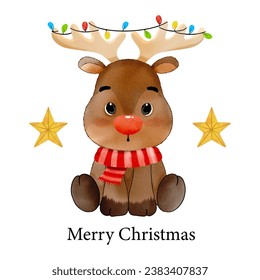 Merry Christmas with watercolor moose or reindeer with lights on antlers decorated for merry holiday vector