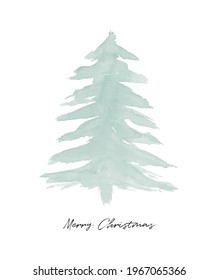 Merry Christmas. Watercolor Painting with Green Christmas Tree on a White Background. Lovely Vector Print ideal for Card, Wall Art, Greetings. Lovely Pastel Color WInter Holidays Art.