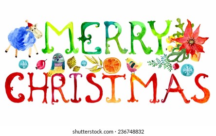 Merry Christmas watercolor text with funny elements for holiday design over white