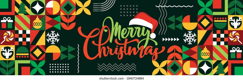 Merry Christmas web banner with abstract retro style modern design background. Christmas calligraphy with Santa hat and red green geometric shapes and icons. Vector illustration