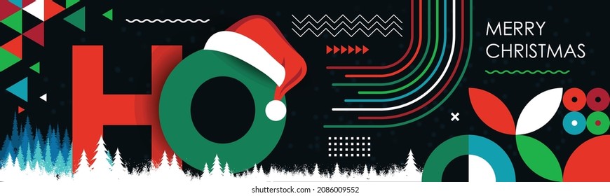 Merry Christmas web banner with abstract retro style modern winter snow design background. Christmas calligraphy with Santa hat and red green HO design. Snowflakes trees Vector