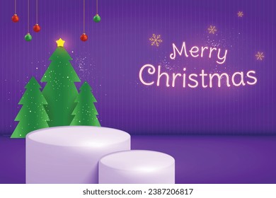 Merry Christmas Web Banner Background. Two Podium with Christmas Tree, Ball and Snowflakes on Purple Background. Vector Illustration.