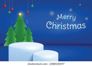 Merry Christmas Web Banner Background. Two Podium with Christmas Tree, Ball and Snowflakes on Blue Background. Vector Illustration.