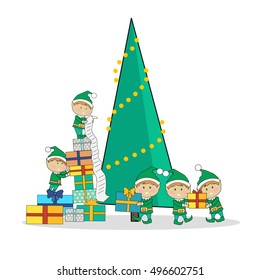 Merry Christmas web banner. Christmas elves packing presents gift boxes according to wish list. Xmas holiday tree on background. Magic eve. New year and xmas concept. Cartoon flat style. Vector