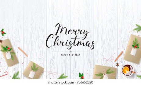 Merry Christmas Web Banner with Festive Composition. Beautiful Greeting Card with Lettering. Top View on Decoration with Paper Gift Boxes for Happy New Year. Vector Illustration.