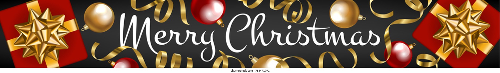 Merry Christmas web banner with gifts and baubles