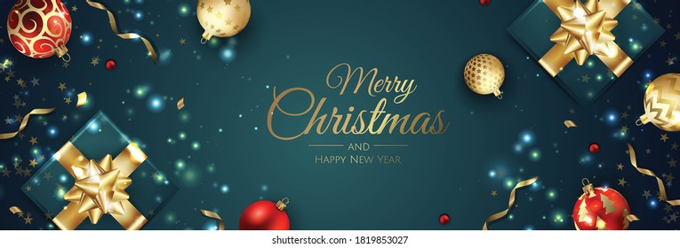 Merry Christmas web banner, gold and red xmas ball. Background for invitation or seasons greeting.