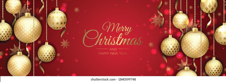Merry Christmas web banner, gold and red xmas ball. Background for invitation or seasons greeting.