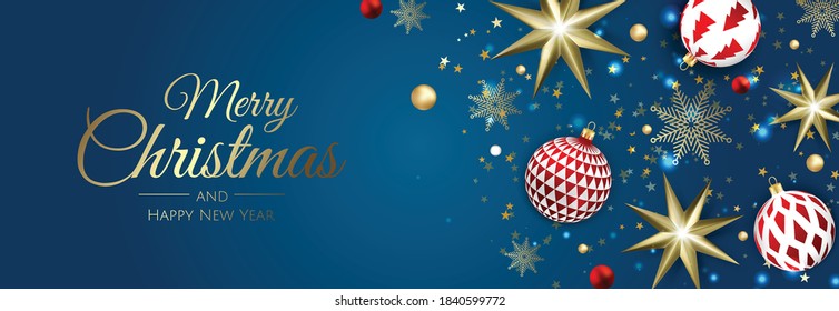 Merry Christmas web banner, gold and red xmas ball. Background for invitation or seasons greeting.