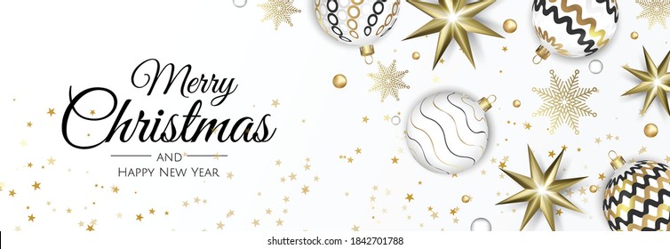 Fröhliche Weihnachtsbanner, Gold und rote Weihnachtsbälle. Hintergrund für Einladung oder Jahreszeiten Gruß.