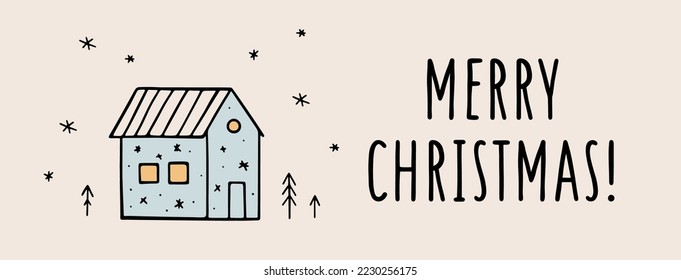 Merry Christmas web banner with hand drawn festive house in cartoon style. Christmas background for holiday designs, posters, cards, headers or banners. Vector illustration. Celebration concept