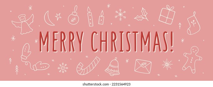 Merry Christmas web banner with hand drawn festive elements in cartoon style. Christmas background for holiday designs, posters, cards, headers or banners. Vector illustration. Celebration concept