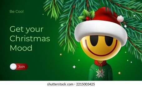 Alegría banner web de Navidad. Aplicación móvil con la cara sonriente del emoji navideño en el sombrero Santa y ramas de árbol de abeto. Ilustración del vector