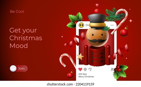 Merry Christmas web banner with Christmas nutcracker. Wooden soldier toy gift and holiday decorations elements. Vector image