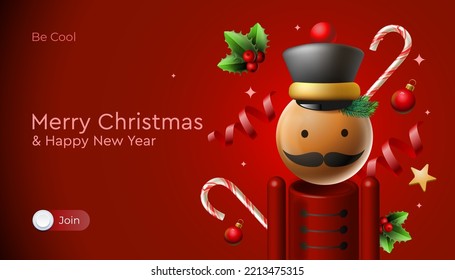 Merry Christmas web banner with Christmas nutcracker and xmas decoration. Happy New year design. Wooden soldier toy gift. Vector image