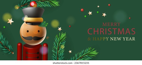 Merry Christmas web banner with nutcracker and fir branches border, green background. Bright Christmas and New Year background, vector illustration. 