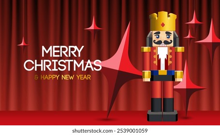 Merry Christmas web banner with Nutcracker, Xmas stars, red stage curtains, snow, festive decoration for Christmas and New Year, vector illustration