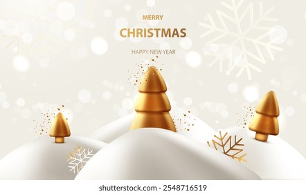 Anuncio del Web de las Navidades alegres en el fondo blanco con los árboles dorados realistas 3d, elemento de la decoración del paisaje de la nieve. Festiva Vector de tarjetas X-mas diseño.