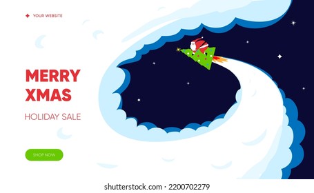 Merry Christmas web banner. Santa Claus flying on a Christmas-tree rocket. Web banner for Christmas shopping, sale, delivery. Vector illustration