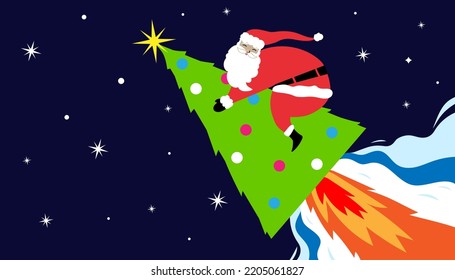 Merry Christmas web banner. Santa Claus flying on a Christmas-tree rocket. Vector illustration