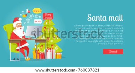 Merry Christmas web banner of Santa mail. Vector portrait in cartoon style of happy Santa Claus sitting at table near decorated Christmas tree with gift boxes and reading online Christmas letters.