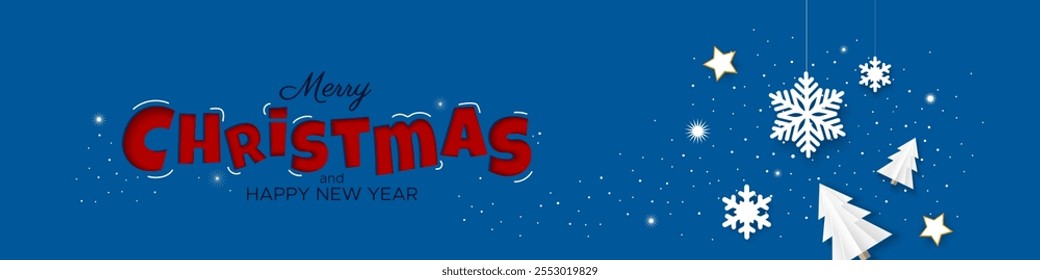 Merry Christmas web banner with snowflakes and fir tree on blue background