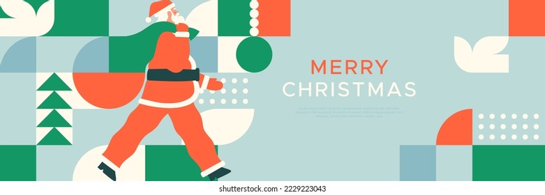 Merry Christmas web banner template illustration of santa claus carrying gift bag with colorful abstract geometric mosaic art. Holiday business sale event or xmas greeting card design. 