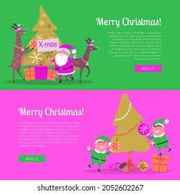 Merry Christmas web banner. Two elves in blue santa suits and animals deers helpers decorate Christmas tree. Little elf stand on gift box to hang toy ball. Vector illustration in flat style design