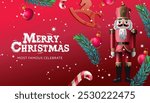 Merry Christmas web banner. Xmas with Nutcracker, green pine branches, candy stick and rocking horse. Horizontal Christmas posters, greeting cards, headers, website, vector illustration