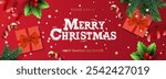 Merry Christmas web banner, Xmas Party with red gift box, green pine branch, candy stick and holly berry. Horizontal Christmas poster, greeting card, header, cover, vector illustration 
