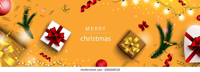 Merry Christmas web banner. Xmas and Happy New Year 2022 holiday celebration poster. Vector illustration with 3d realistic elements. Horizontal christmas poster, background, greeting cards, header.