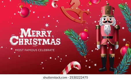 Merry Christmas web banner. Xmas with Nutcracker, green pine branches, candy stick and rocking horse. Horizontal Christmas posters, greeting cards, headers, website, vector illustration