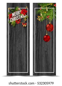 Merry Christmas web banners emplate. Design for your holiday invitation with pine branches, christmas flowers, jingle bells and mistletoe or holly berry on wooden background. Vector Illustration.