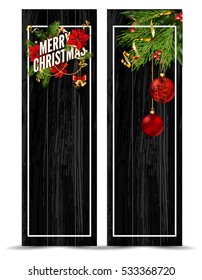 Merry Christmas web banners template. Design for your holiday invitation with pine branches, christmas flowers, jingle bells and mistletoe or holly berry on wooden background. Vector Illustration.