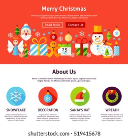 Merry Christmas Web Design. Flat Style Vector Illustration for Website Banner and Landing Page. Winter Greetings.