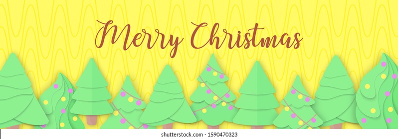 Merry Christmas web Header, banner with Paper Cut Green Christmas Trees and Zig Zag pattern. Cute Xmas card, poster, layout, article, add. Noel flyer. Print texture, postcard. Vector EPS Flat style