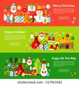 Merry Christmas Web Horizontal Banners. Flat Style Vector Illustration for Website Header. Winter New Year Objects.