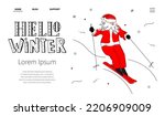 Merry Christmas web landing page with Santa Claus to ski and quote lettering HELLO WINTER. The xmas vector illustration in hand drawn art style for Happy New Year.