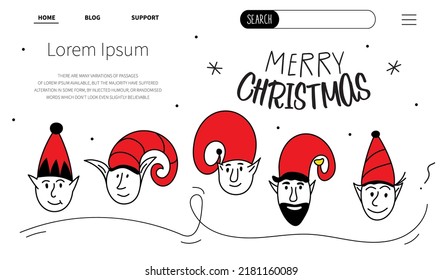 Merry Christmas web landing page with set of avatars head elf and lettering Merry Christmas. The xmas black and red vector illustration in doodle art style. Trendy hand drawn icons. 