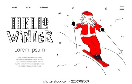 Merry Christmas web landing page with Santa Claus to ski and quote lettering HELLO WINTER. The xmas vector illustration in hand drawn art style for Happy New Year.