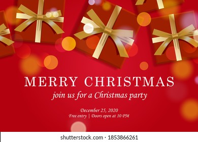 Merry Christmas web page template. Vector illustration for landing page, poster, banner and website development. Red Background Xmas design of gifts box