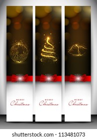 Merry Christmas website banner set decorated with Xmas tree, jingle bell, snowflakes and lights. EPS 10.