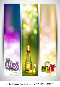 Merry Christmas website banner set decorated with eve balls, gifts, champagne, snowflakes and lights. EPS 10.